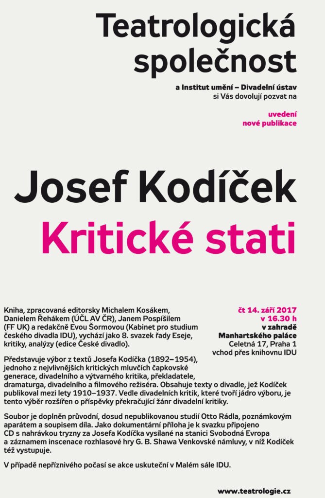 Přednáška a křest publikace Josef Kodíček – Kritické stati