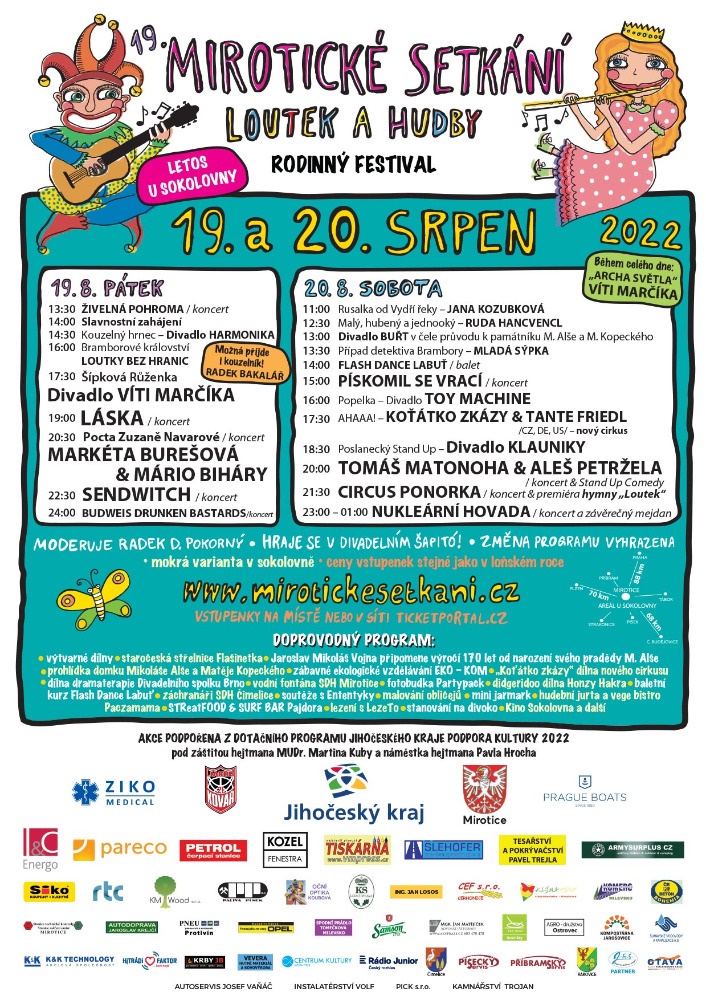 Multižánrový festival 19. Mirotické setkání loutek a hudby se letos odehraje v parku u mirotické sokolovny