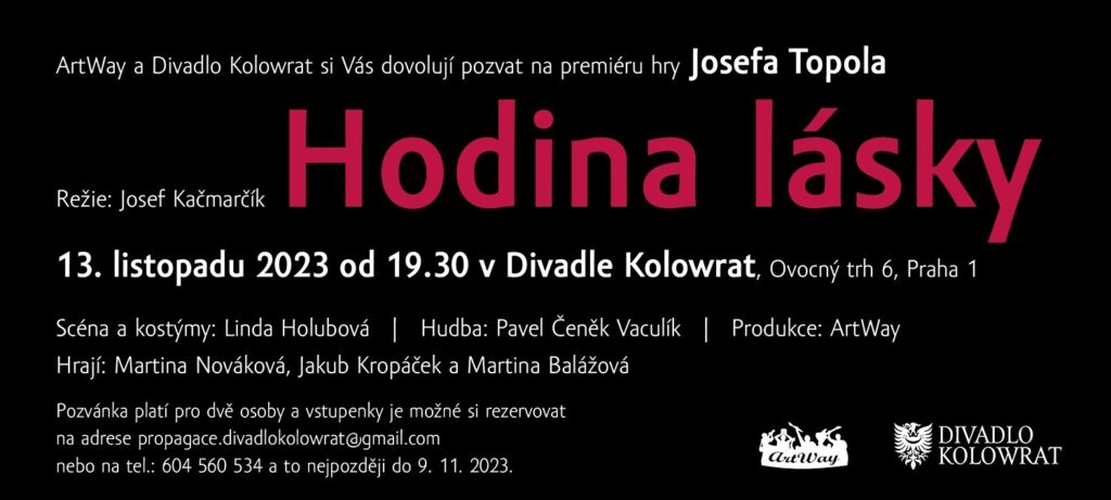 V Divadle Kolowrat uvede spolek ArtWay premiéru hry Josefa Topola Hodina lásky