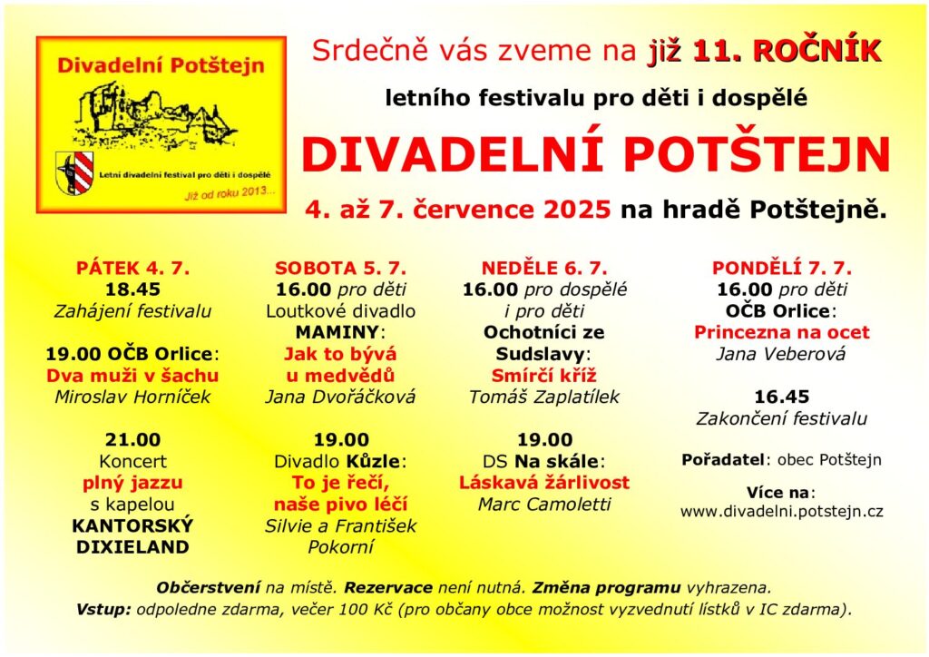 Festival Divadelní Potštejn začíná 4. července 2025